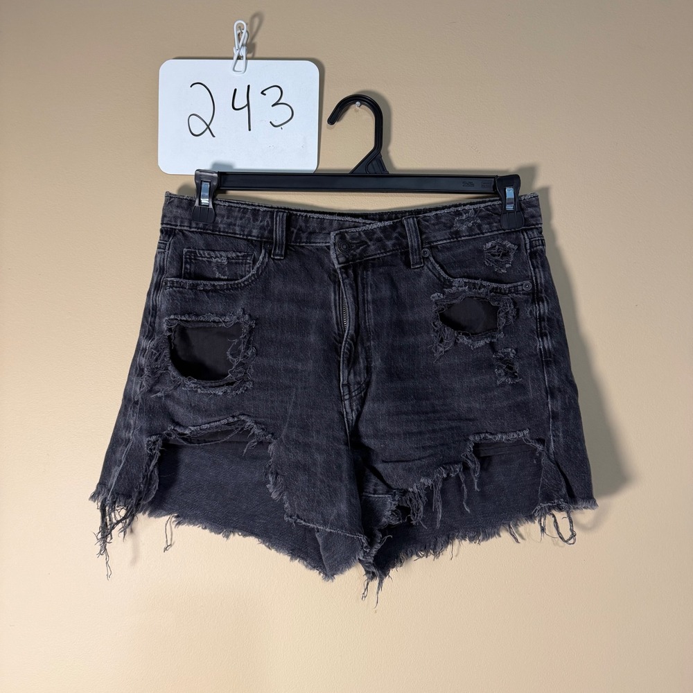 American Eagle Black Distressed Crossover Waist Denim Shorts Womens Size 10